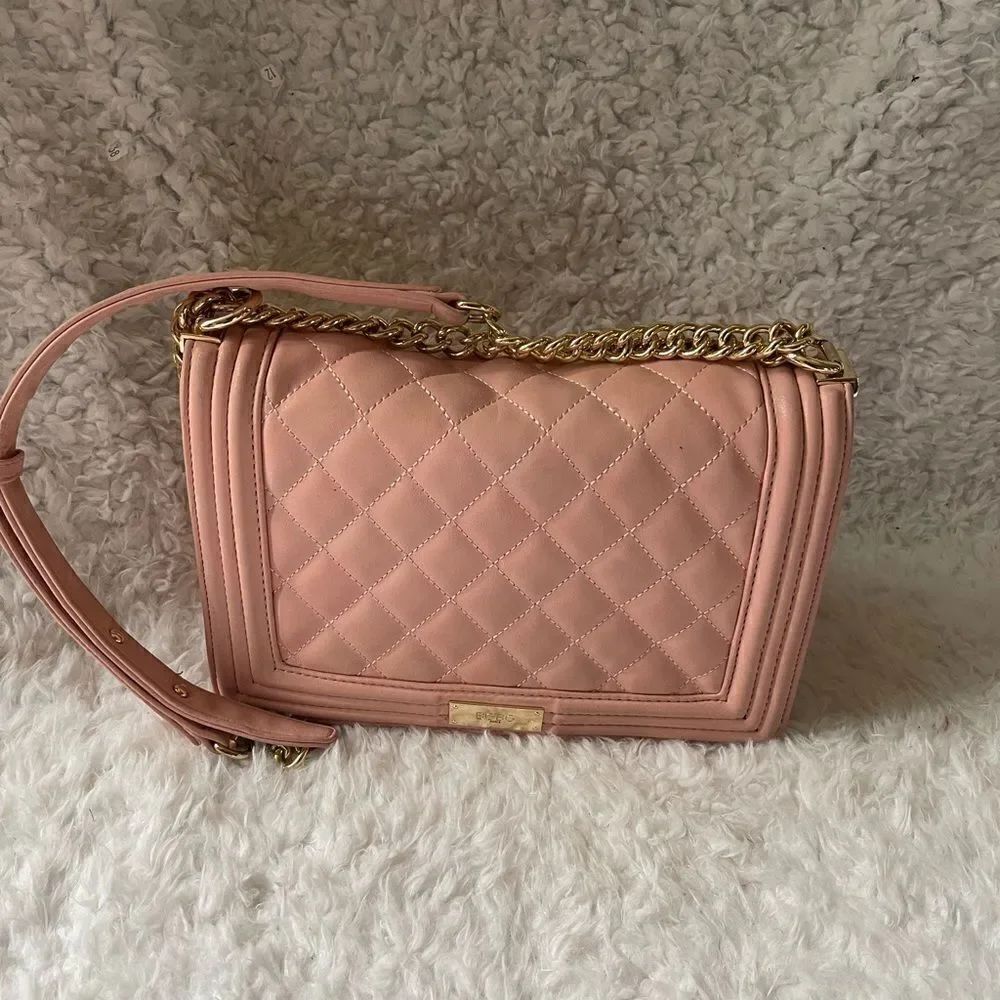 synthetic pink quilted shoulder/crossbody bag gold tone chain & accents